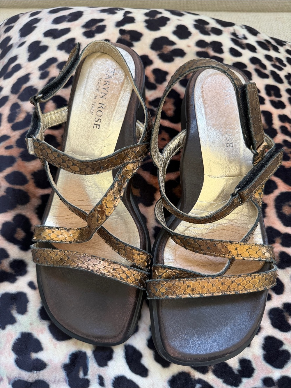 Taryn Rose Bronze Metallic Snake-Print Strappy Wedges